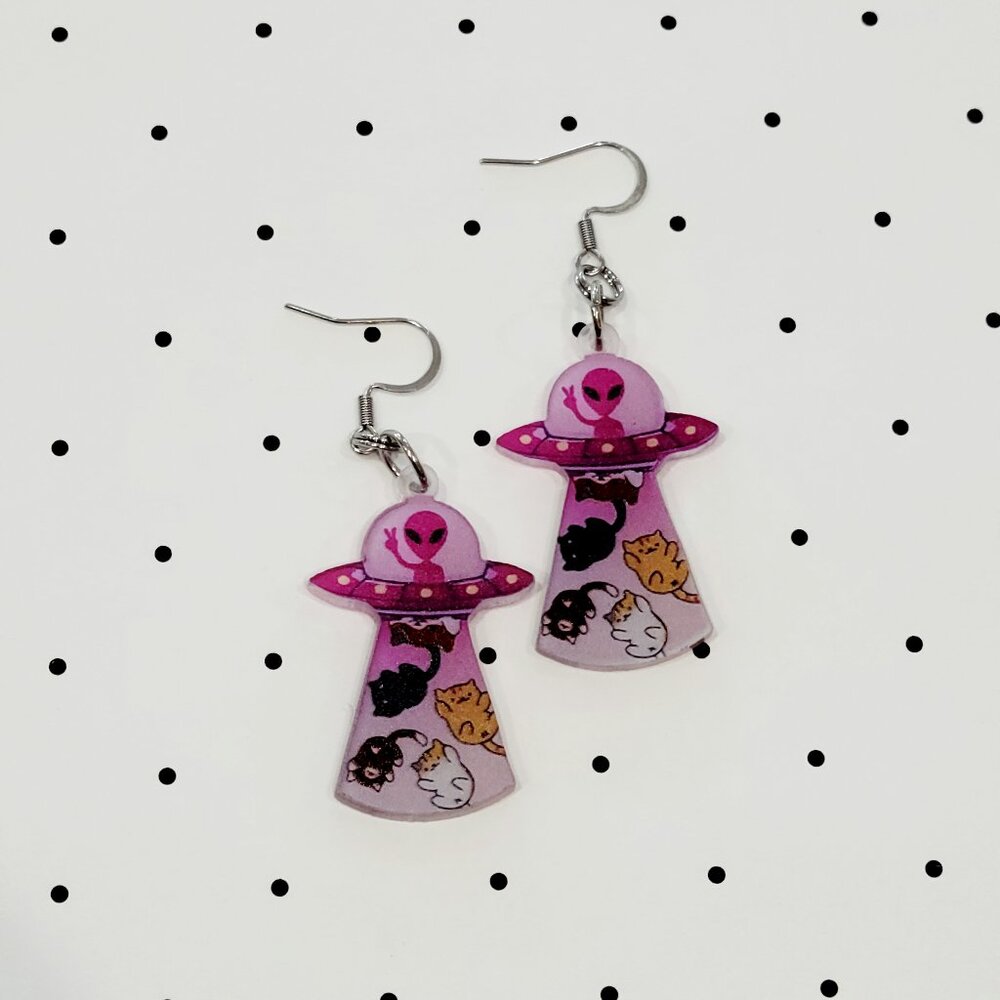 Pink Purple Spaceship Beaming Up Cats Earrings Stainless Steel Hooks Alien Lover